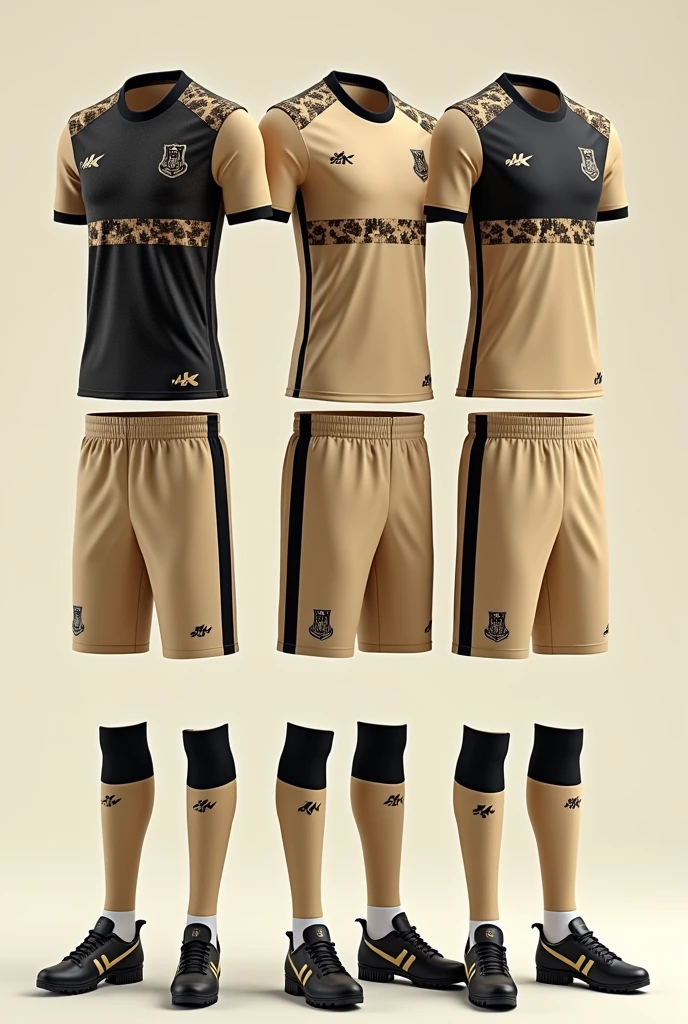 Girls and boys soccer sports uniform in beige with black and animal print