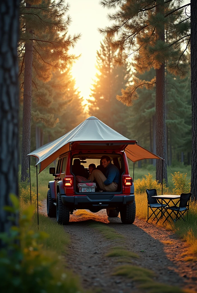 The picture shows a Jeep parked on a forest path. A man and a woman are smiling and working in the back of the car. The back door is open, and they are setting up a tent on the ground. The tent is ready and has a small rug and a lamp inside. There is a folding table and chairs nearby, and they seem to be preparing for a night under the stars. There are tall trees around, a clear sky, and a warm sunset, making the scene calm and adventurous. The Jeep shows how it can make any place a comfy and useful spot.