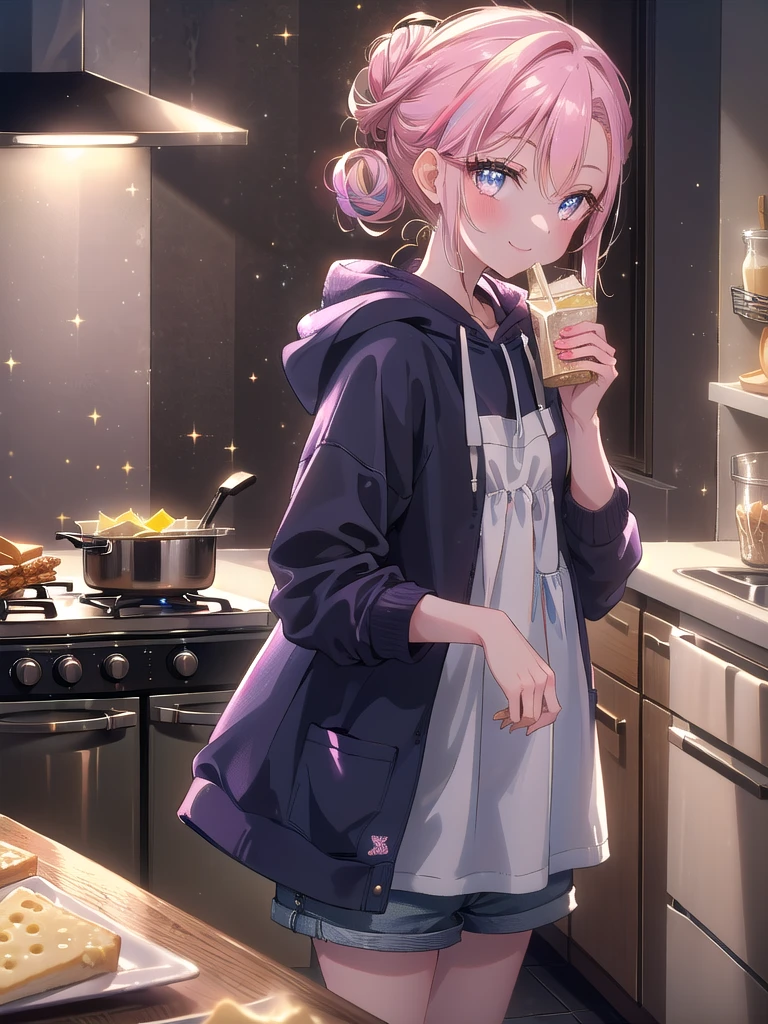 ((8k, Highest quality, masterpiece: 1.3)),Ultra-high resolution,(1 girl, alone), (Color changing eyes, Ultra-detailed, Expressive brilliance, Glitter, Glowing Eyes), Highly detailed eyes, Highly detailed face, Random Hair, ((pastel colour)Late-Night Snack in the Kitchen
The woman is standing in the dimly lit kitchen, preparing a quick late-night snack. She’s wearing a loose, comfortable hoodie and shorts, with her hair pulled back in a casual bun. The kitchen is quiet, with only the soft hum of the refrigerator and the gentle glow of the stove light illuminating the scene. On the counter in front of her, there’s a small plate with a few slices of cheese and crackers, along with a glass of milk. She glances at the camera with a mischievous smile, as if caught in the act of a secret midnight feast. The scene is intimate and relaxed, capturing the simple pleasure of a small, comforting snack before heading to bed.