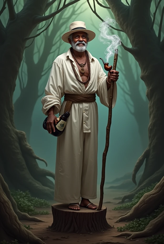 Mestre Zé da Risada is an imposing and charismatic figure of the Sacred Jurema. he is portrayed as an older man, dark-skinned, with a witty expression and sharp gaze, which reflects both his wisdom and his cunning.
He wears a white hat with a black stripe, a symbol of their authority and respect within spirituality. around the neck, sports a guide made of mucunã seeds, an element that represents your connection with nature and ancestral strength.
In one hand, firmly holds an angico pipe, from which smoke comes out with a confident posture, showing his mastery over the spiritual elements. In the other hand, he carries a bottle of wine, which he enjoys as part of his rituals and celebrations.
Zé da Risada is often represented in a mystical environment, like a dense forest, with ancient trees and deep shadows, where his presence makes the environment vibrate with energy. He is seen stepping on a wooden stump, that seems to shake or tremble under its power, symbolizing your ability to influence and shape the reality around you.
His expression is both friendly and firm., showing that, although I am willing to help, does not tolerate disrespect or frivolity. The combination of these elements makes Mestre Zé da Risada a respected and feared figure., a spiritual guide who does not hesitate to defend what is his.
He can't miss the pipe and his clothes are white, he wears a shirt, pants, the hat is a normal hat, and he has no staff, only pipe and wine smiling expression, It's like being a father or a grandfather