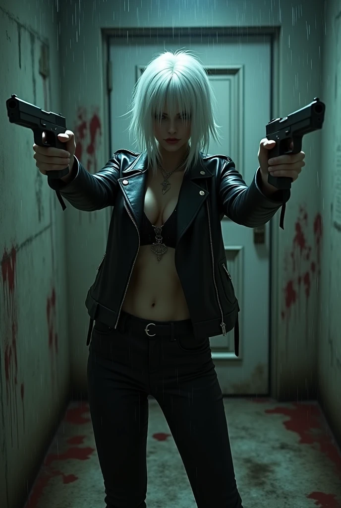 Dark, gritty, and dramatic image featuring a woman with pale skin and white hair standing in front of a blood-splattered door. She is wearing a black leather jacket, a revealing top, and dark pants. The woman is holding two guns, one in each hand, with her arms outstretched. The scene is set in a dimly lit, rain-soaked environment, with water dripping down the walls and pooling on the floor. The lighting is harsh, casting strong shadows and highlighting the intense atmosphere. The overall mood is tense and foreboding, with a sense of danger and violence.4K, anatomically correct, masterpiece, high details, award winning, high quality, super detail, best quality, 8k