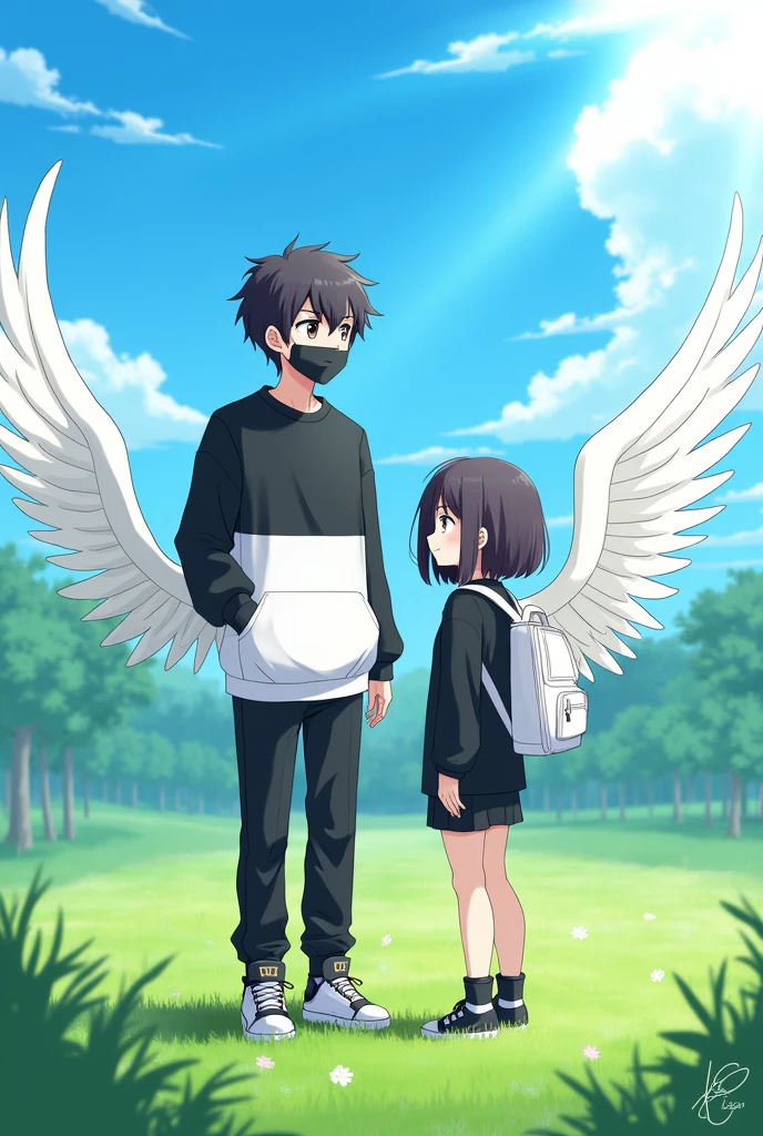 Take an anime photo of a boy wearing a sweatshirt that is half white and the other half black, and he wears a mask that is half white and the other half black, Pants and shoes half white and the other half black and wings half is white and the other is black and next to the boy a girl wearing a black shirt with a white backpack,He is wearing grey jeans and red shoes., He wears a white mask and the background of the image is a day in a grass field