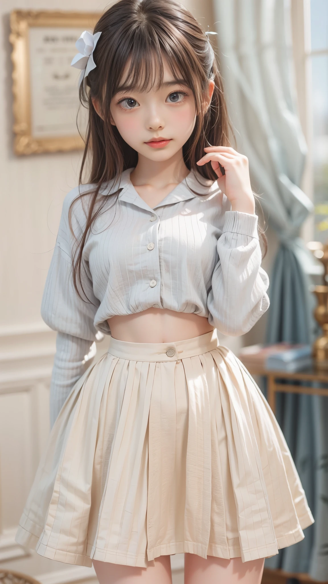 masterpiece , Highest quality , Very detailed , 1 person, ((Contrasting Eyes)) , Are standing , blouse, skirt , bangs , room , indoor
