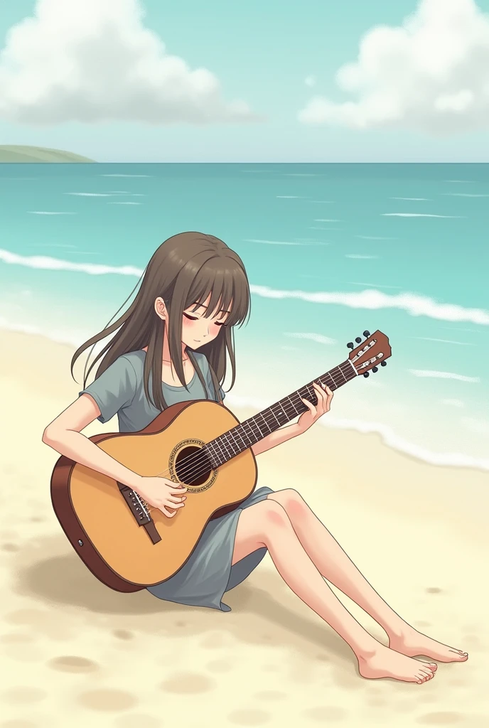 Make a simple drawing of a girl with hair down her neck/shoulder with fringe, playing guitar sitting on the sand on the beach