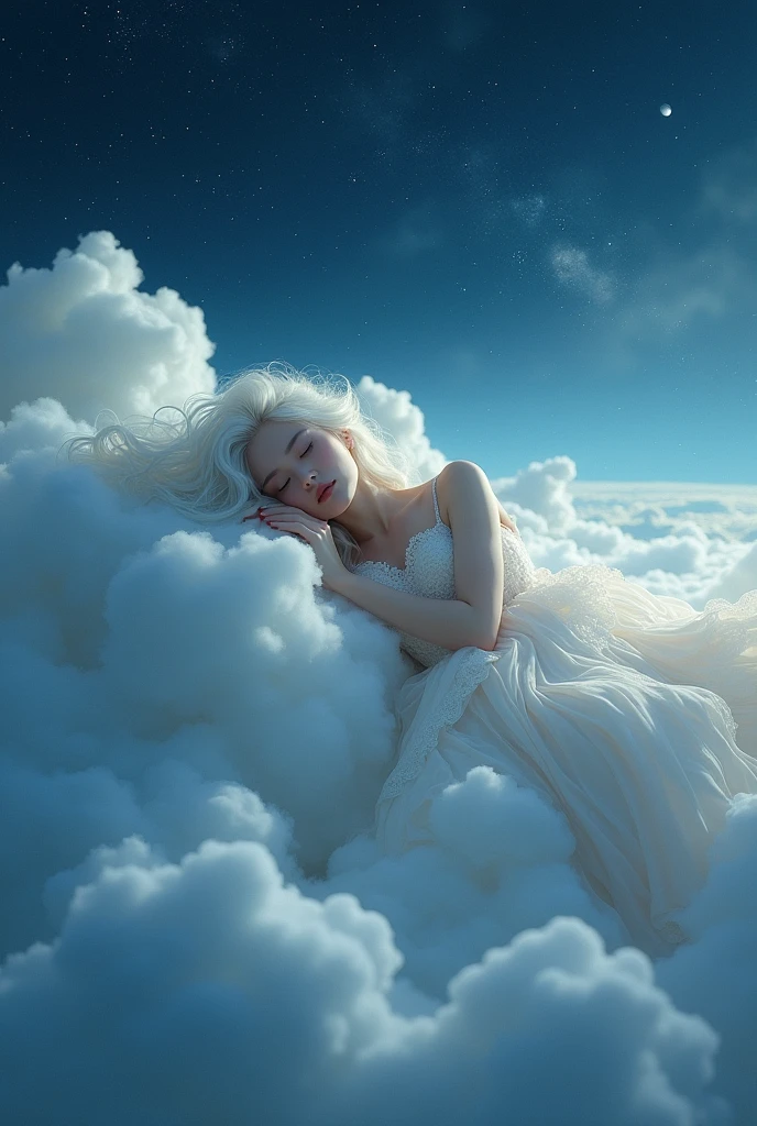 A woman with long white wavy hair,she will be lying on top of a cloud in the sky and will be covered by a cloud as if it were covering her,and the sky will be at night showing the stars and planets and the universe above