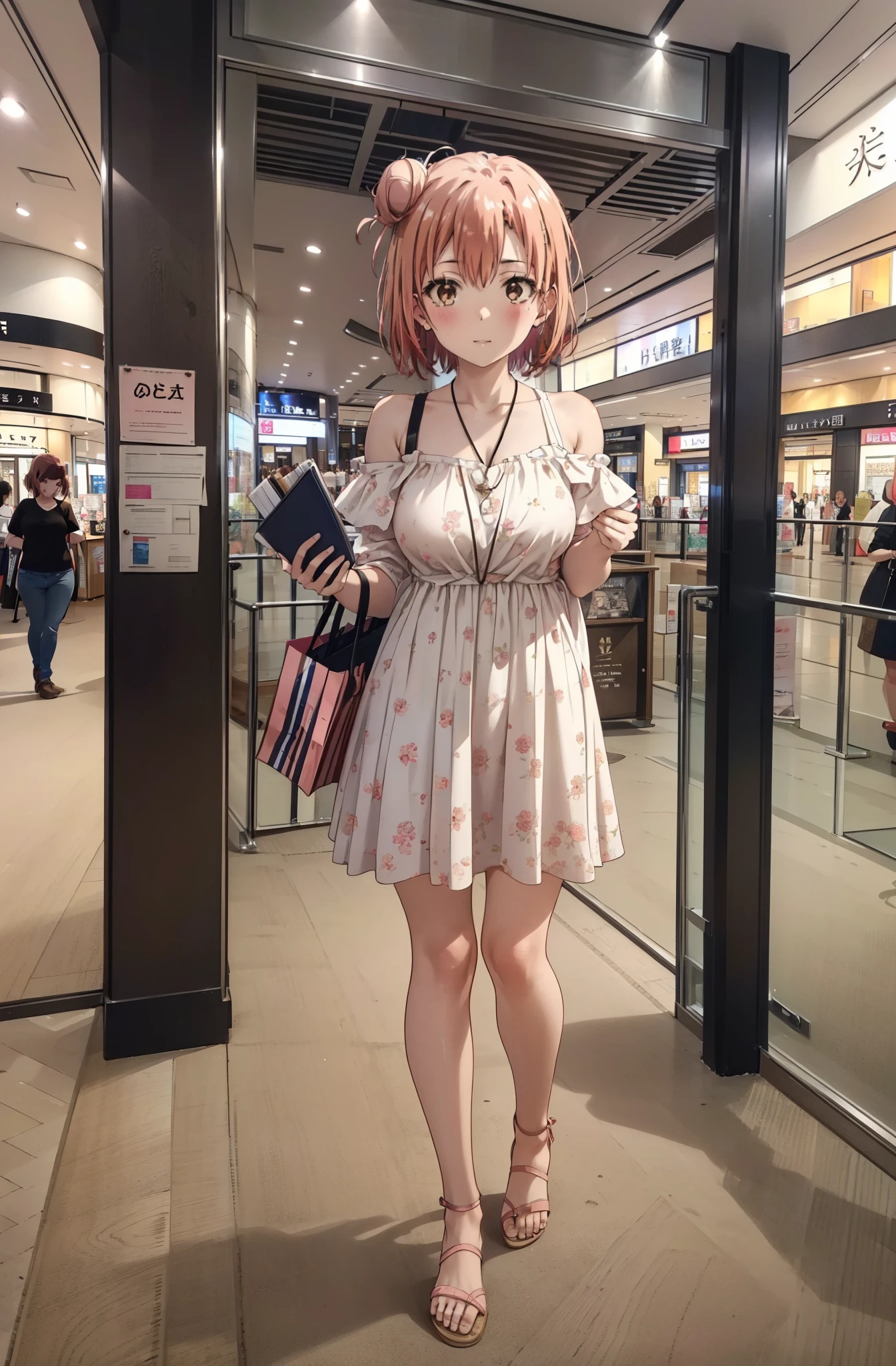 yuiyuigahama, yui yuigahama, short hair, (Brown eyes:1.5), (Pink Hair:1.2), Hair Bun, single Hair Bun,Big Breasts,smile,blush,Open your mouth,Off-the-shoulder dress,Exposing shoulders,bare clavicle,Bare neck,Rocket Pendant,mini skirt,Cute heeled sandals,Walking,whole bodyがイラストに入るように,
break indoors,Shopping mall,
break looking at viewer, whole body,
break (masterpiece:1.2), Highest quality, High resolution, unity 8k wallpaper, (shape:0.8), (Beautiful attention to detail:1.6), Highly detailed face, Perfect lighting, Extremely detailed CG, (Perfect hands, Perfect Anatomy),