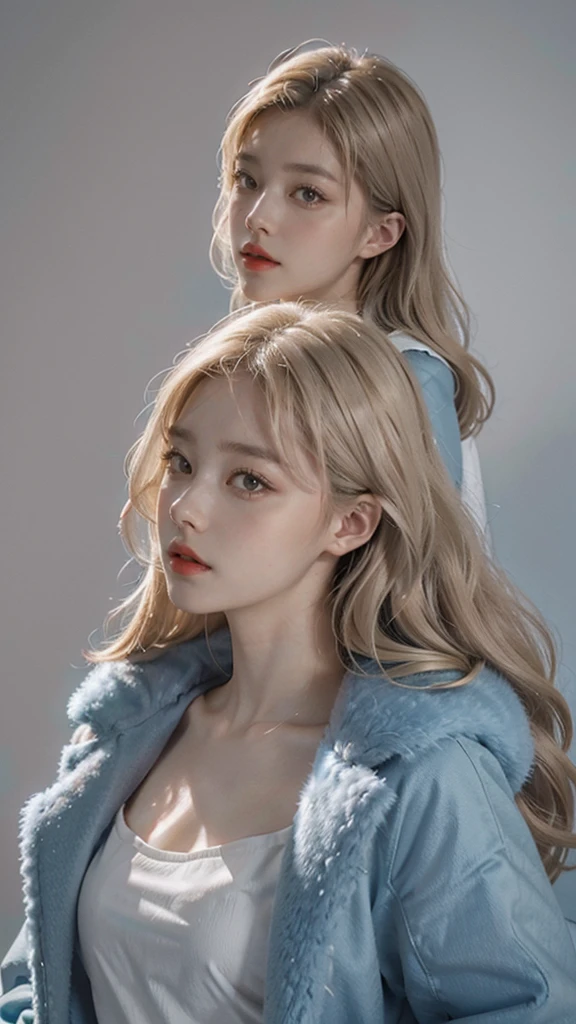 Girl wearing, luxury  cyan coat, shoulder length hair, wavy hair, glowing skin, star in eye, red lips, grey  background, cute poses , upper body, light blonde hair.