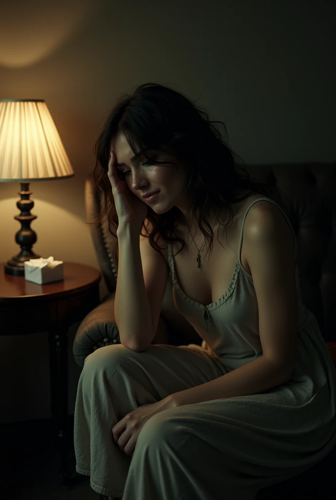 I want a beautiful woman sitting on the couch, she is sad next to the lamp crying 