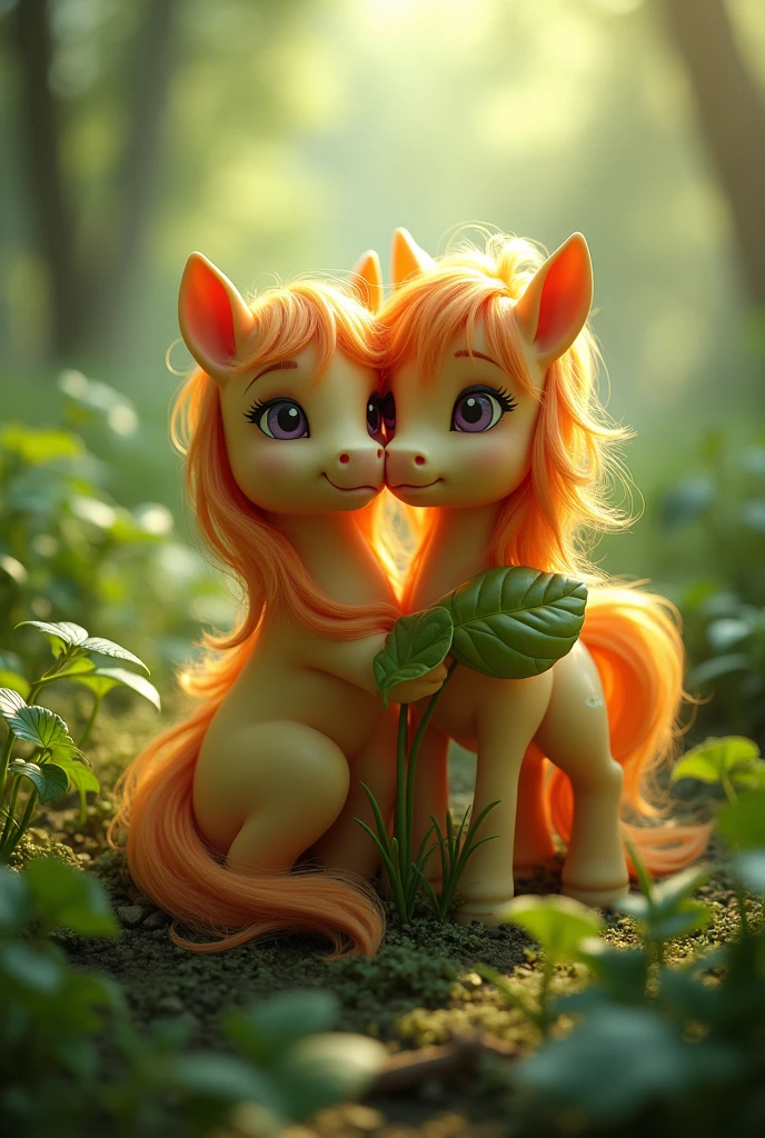 (photorealism:1.2), A photo of ginger plant and my little pony character kissing