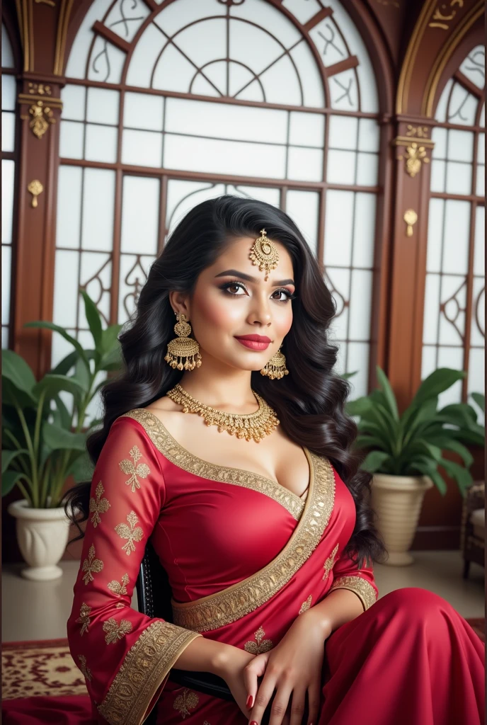 6 ft big breasted average beautiful sri lanakan wealthy age 25 girl in maharani dress. Wearing Academic regalia.well educated.sit in chair with massive big boobs, big butt