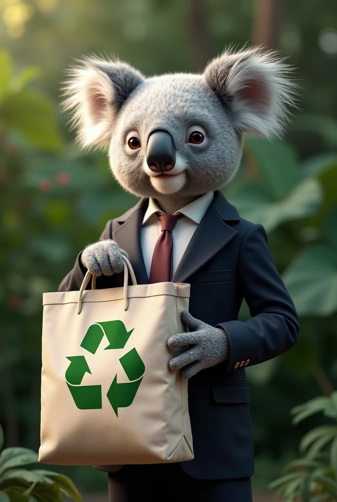 A smartly dressed koala with a recycled cloth bag with the recycling logo
