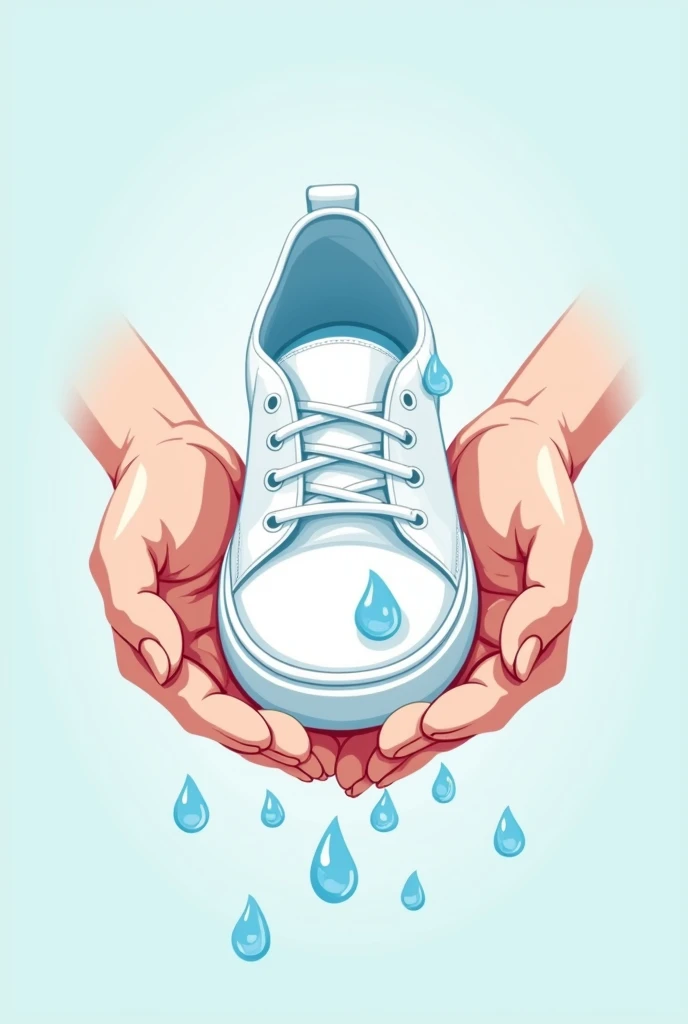 A white shoe held by hands and covered in water droplets, Everything will be in cartoon format and will be the logo of a company