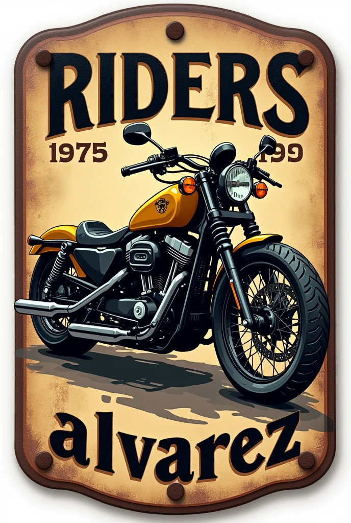 An oval plate, Aged metal with motorcycle club logo, highlighting a classic motorcycle with the tank color aged yellow hue and the words "Riders" Na parte superior , "1975" in the middle of the image and the name "Alvarez" Na parte de baixo. in stylized letters. colors: shades of brown, black and gold.