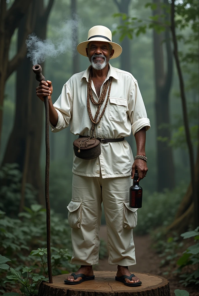 Mestre Zé da Risada is an imposing and charismatic figure of the Sacred Jurema. he is portrayed as an older man, dark-skinned, with a witty expression and sharp gaze, which reflects both his wisdom and his cunning.
He wears a white hat with a black stripe, a symbol of their authority and respect within spirituality. around the neck, sports a guide made of mucunã seeds, an element that represents your connection with nature and ancestral strength.
In one hand, firmly holds an angico pipe, from which smoke comes out with a confident posture, showing his mastery over the spiritual elements. In the other hand, he carries a bottle of wine, which he enjoys as part of his rituals and celebrations.
Zé da Risada is often represented in a mystical environment, like a dense forest, with ancient trees and deep shadows, where his presence makes the environment vibrate with energy. He is seen stepping on a wooden stump, that seems to shake or tremble under its power, symbolizing your ability to influence and shape the reality around you.
His expression is both friendly and firm., showing that, although I am willing to help, does not tolerate disrespect or frivolity. The combination of these elements makes Mestre Zé da Risada a respected and feared figure., a spiritual guide who does not hesitate to defend what is his.
He can't miss the pipe and his clothes are white, he wears a shirt, pants, the hat is a normal hat, and he has no staff, only pipe and wine smiling expression, It's like being a father or a grandfather, he is Brazilian