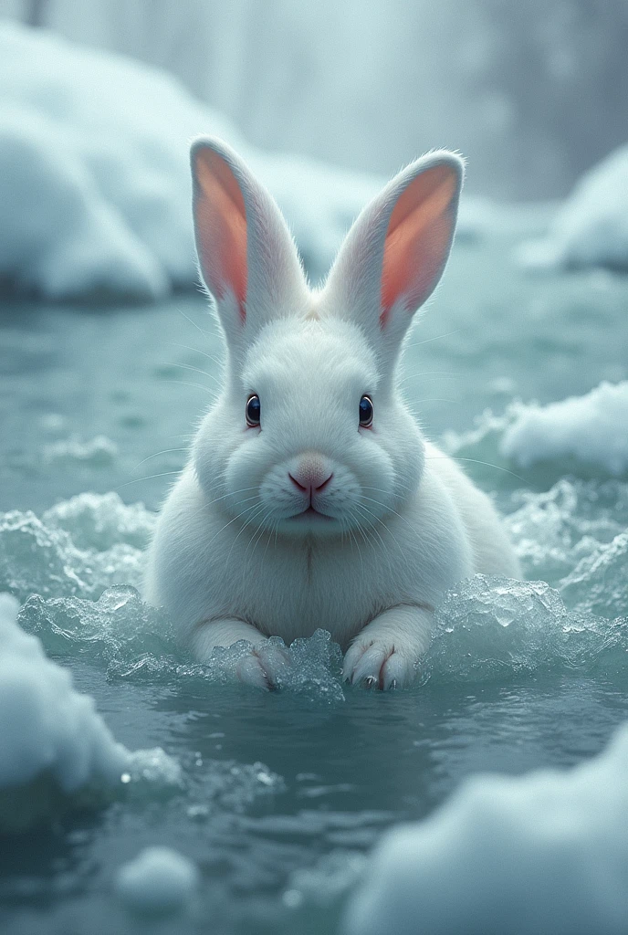 A poor white rabbit sink under the very big snow river ai image and it wasn't to help