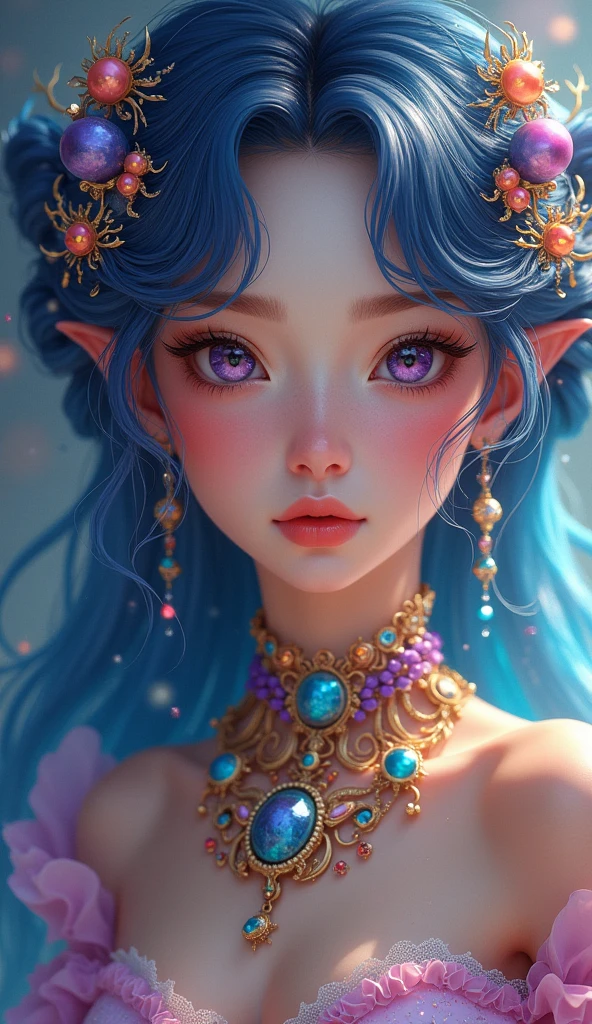Close-up of a woman with colorfully hair and necklace, anime girl with cosmic hair, The smooth vibe of Rossdraws, Gouviz style art, fantasy art style, colorfully], vibrant fantasy style, Rossdraws cartoon full of energy, cosmic and colorfully, Guweiz, colorfully digital fantasy art, stunning art style, cute anime style, Caucasian skin, evening coat,