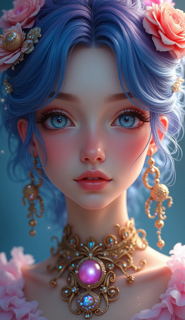 Close-up of a woman with colorfully hair and necklace, anime girl with cosmic hair, The smooth vibe of Rossdraws, Gouviz style art, fantasy art style, colorfully], vibrant fantasy style, Rossdraws cartoon full of energy, cosmic and colorfully, Guweiz, colorfully digital fantasy art, stunning art style, cute anime style, Caucasian skin, evening coat,