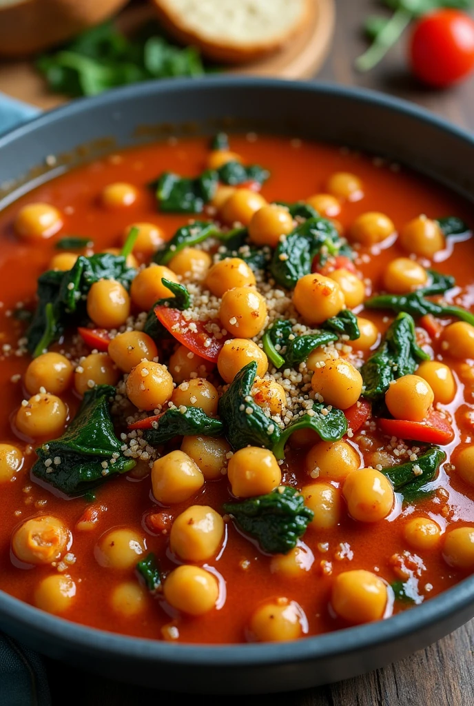 Create an image of this recipe: Chickpea and Spinach Casserole Ingredients:
- Cooked chickpeas: 200 g - Fresh spinach: 100 g - Crushed tomato: 200 g - Onion: 50 g - Garlic: 10 g - Olive oil: 15 ml - Sweet paprika: 5 g - Cumin powder: 2 g
- Sal: 5 g - Pepper: 2 g Preparation:
1. Chop the onion and garlic finely.
2. In a saucepan, Heat the olive oil and fry the onion and garlic until golden..
3. Add the paprika and cumin, and cook for 1 minute.
4. Add the cooked chickpeas and crushed tomatoes., Mix well and cook over medium heat for 10 minutes..
5. Add the fresh spinach and cook until wilted..
6. Season with salt and pepper to taste.
7. Serve hot with some whole wheat bread.