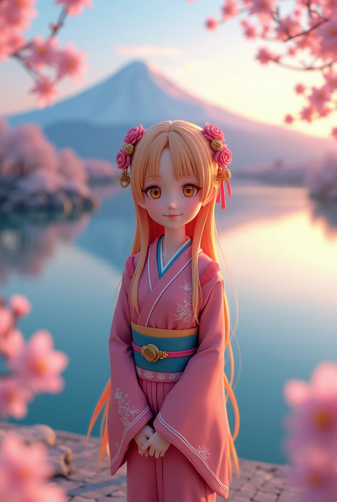 Aerial Perspective Fish-Eye Perspective Full-Body Shot Golden Ratio Asuna, masterpiece, Highest quality, detailed, (One person), alone, detailed golden eyes, Long Hair, Are standing, Close to the audience, (detailed kimono), A light smile, Medium chest, (Put your arms behind your back), water, sunset, (hair ornaments), (Cherry blossoms bloom), Lake with snowy mountains in the background,Cute young delicate 3D PVC model, View your viewers, Soft and smooth lighting, Soft pastel colors, 3D icon clay rendering, 120mm lens, 3D Blender Rendering, Trend with poly count, モジュラーCute young delicate 3D PVC model, View your viewers, Soft and smooth lighting, Soft pastel colors, 3D icon clay rendering, 120mm lens, 3D Blender Rendering, Trend with poly count, Modular constructivism 5D 【a: 0.3, c: 0.7, It is: 0.8, I: 0.6, M: 0.9】trick-art Multi-layer structure abstract