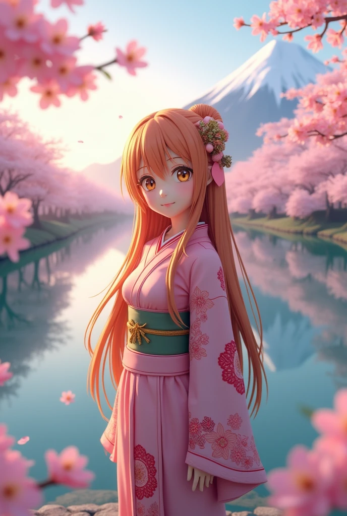 Aerial Perspective Fish-Eye Perspective Full-Body Shot Golden Ratio Asuna, masterpiece, Highest quality, detailed, (One person), alone, detailed golden eyes, Long Hair, Are standing, Close to the audience, (detailed kimono), A light smile, Medium chest, (Put your arms behind your back), water, sunset, (hair ornaments), (Cherry blossoms bloom), Lake with snowy mountains in the background,Cute young delicate 3D PVC model, View your viewers, Soft and smooth lighting, Soft pastel colors, 3D icon clay rendering, 120mm lens, 3D Blender Rendering, Trend with poly count, モジュラーCute young delicate 3D PVC model, View your viewers, Soft and smooth lighting, Soft pastel colors, 3D icon clay rendering, 120mm lens, 3D Blender Rendering, Trend with poly count, Modular constructivism 5D 【a: 0.3, c: 0.7, It is: 0.8, I: 0.6, M: 0.9】trick-art Multi-layer structure abstract