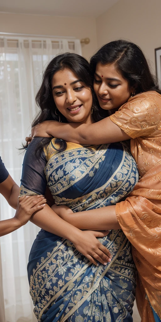 Close up shot, A radiant South Indian, chiffon navy blue colour chiffon saree wearing plus sized girl ,with her curvaceous figure , hugging and kissing on the lips of a jubilant 60 year old  joyous embrace in a bedroom, captured in a full body image with vibrant colors and intricate details. Full body image