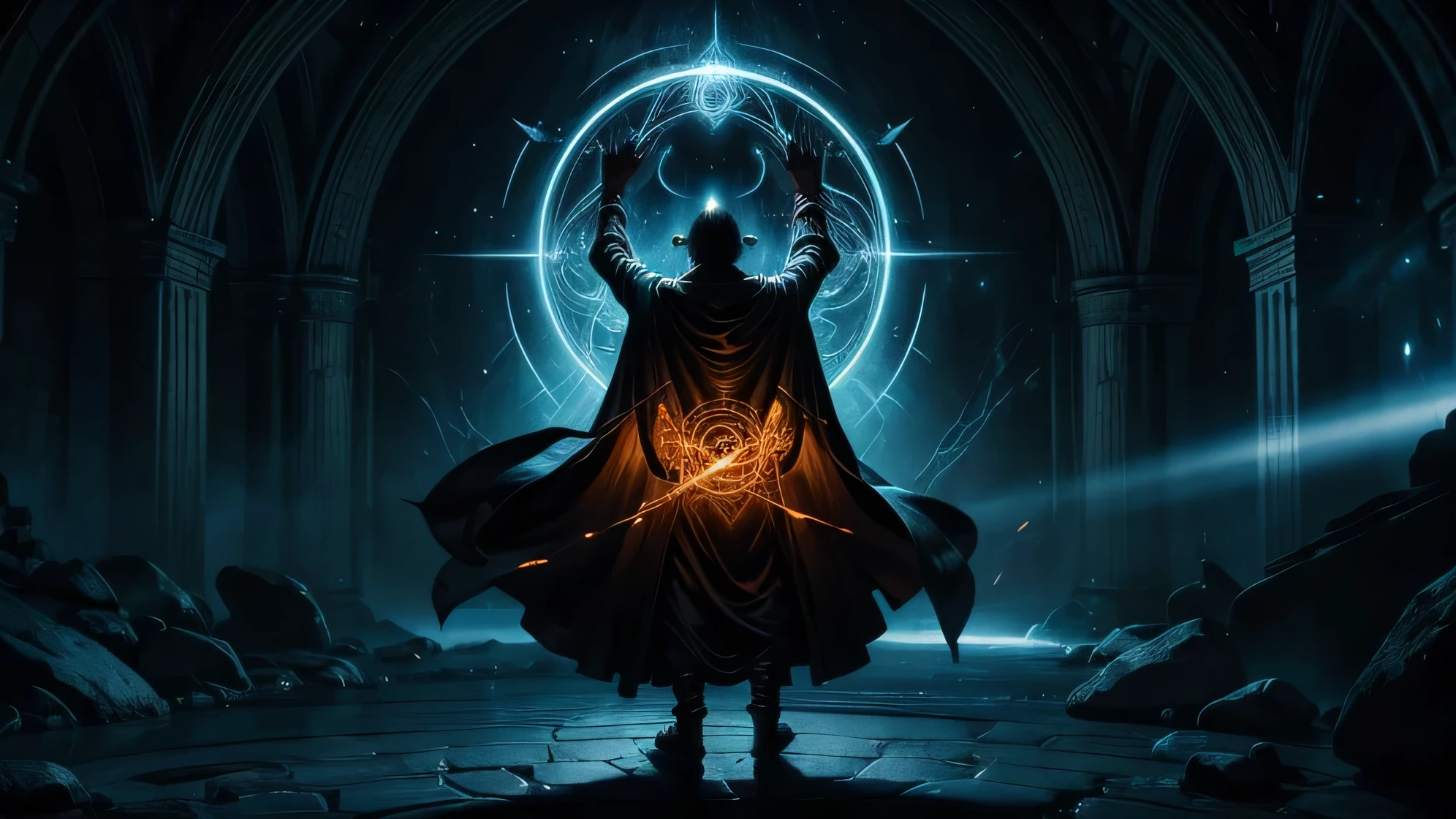 "A powerful and dramatic image of Agahnim from behind, standing at the center of a glowing magic circle etched into the stone floor. The scene is set at night, with shadows dancing around the room. Agahnim's dark robe flows as he raises both arms high, channeling a vast amount of magical energy. The magic circle beneath him pulses with intense light, emitting arcane symbols and swirling patterns. His figure is illuminated by the eerie glow, and the atmosphere is charged with a sense of dark power as he draws energy from the magic circle, preparing for a potent spell."