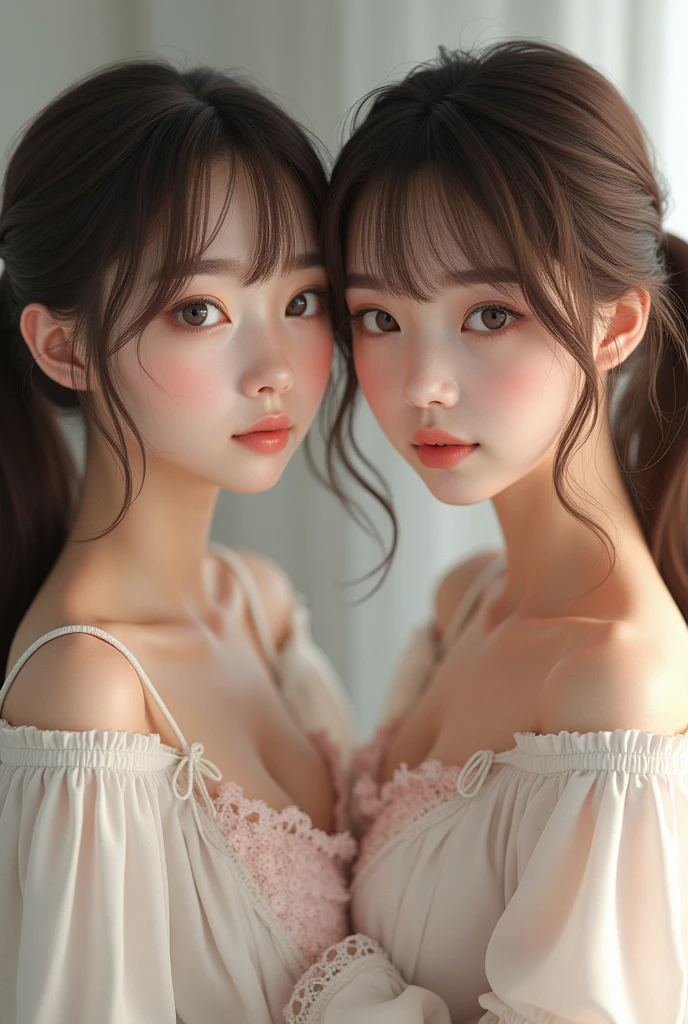 realistic and photorealistic photo、1、Small breasted Japanese girls、Twin tails、Brown Hair、