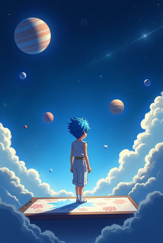 Create a full body blue haired and eyed boy figure coming out of a digital drawing tablet, In the background, strategically place planets and stars in general elements of space, creates emphasis on the child as the main protagonist of the work, It also highlights the tablet and the lighting in a harmonious way. , harmonious color palette that blends together, semi realistic anime style illustration , Lighting and shadows.  merge "the little Prince" with the theme of XPEEN&#39;s anniversary.