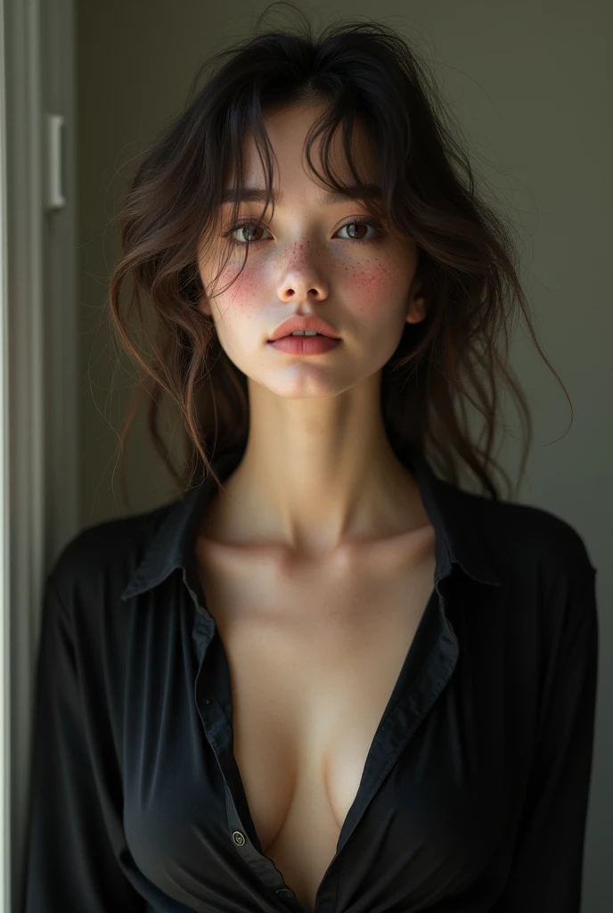 ultra realisitic photo, ((2 girl without bra)), Dean, (narrow hips), (freckles: 1.0), 1 girl, blush, work of art, best qualityer, absurdrez, awarded photo, extreme detail, extremely complex,, face detailed + eyeballs, natural lighting, realisitic, highy detailed, fot, work of art, high qualiy, high qualiy, high resolution, sexly, adorable, face detailed, whole body, beautiful face, open black shirt, shiver, 1solo, 1 girl