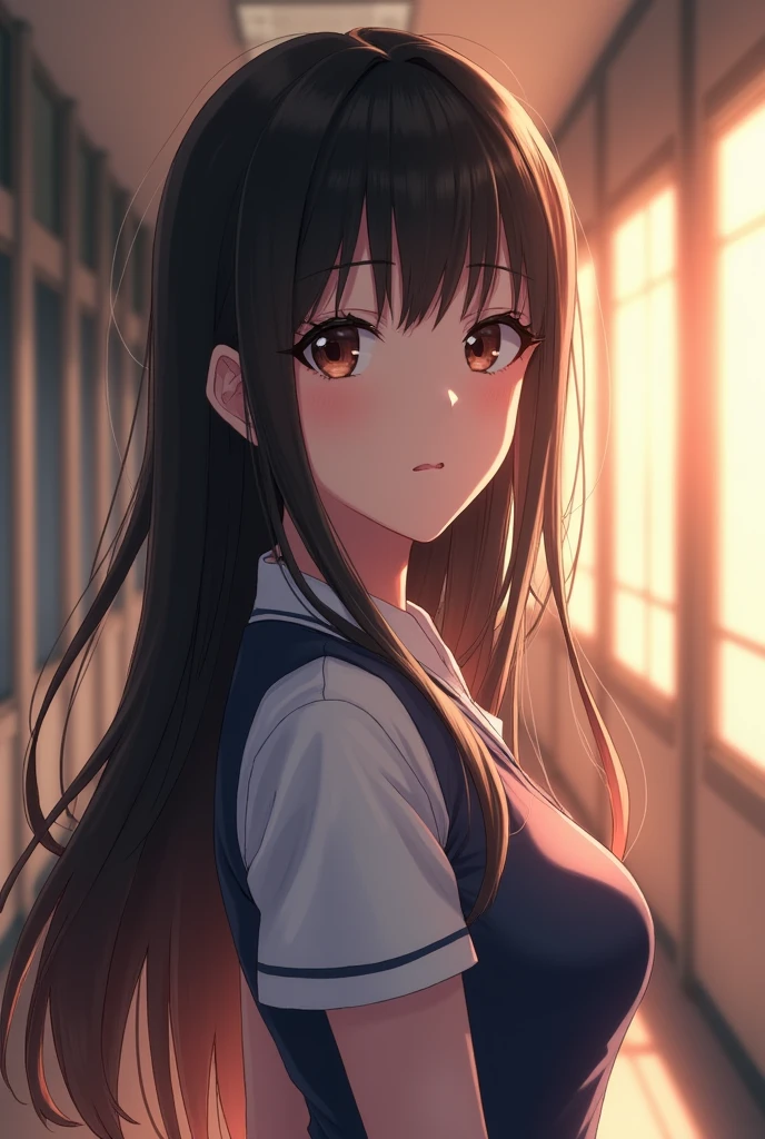 Create a highly detailed portrait of a young woman named Mai Sakurajima. She has long, straight black hair that reaches down to her waist, with a slightly reddish-brown tint in the light. Her hair is typically worn loose, but sometimes she has it tied in a low ponytail with a ribbon. Her eyes are large, almond-shaped, and a deep, almost bluish-grey color, giving her a calm and serene expression. Her skin is fair and smooth, with no visible blemishes. Mai is of average height, around 5'5" (165 cm), with a slim and elegant build that reflects her background as a model and actress. Mai stands with a graceful and confident posture, and her facial expression is calm, with a subtle, gentle smile. The setting is a typical school hallway with soft lighting that adds a warm glow to her figure.