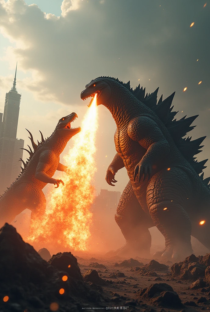Godzilla launching his atomic ray hitting a giant three-headed dragon