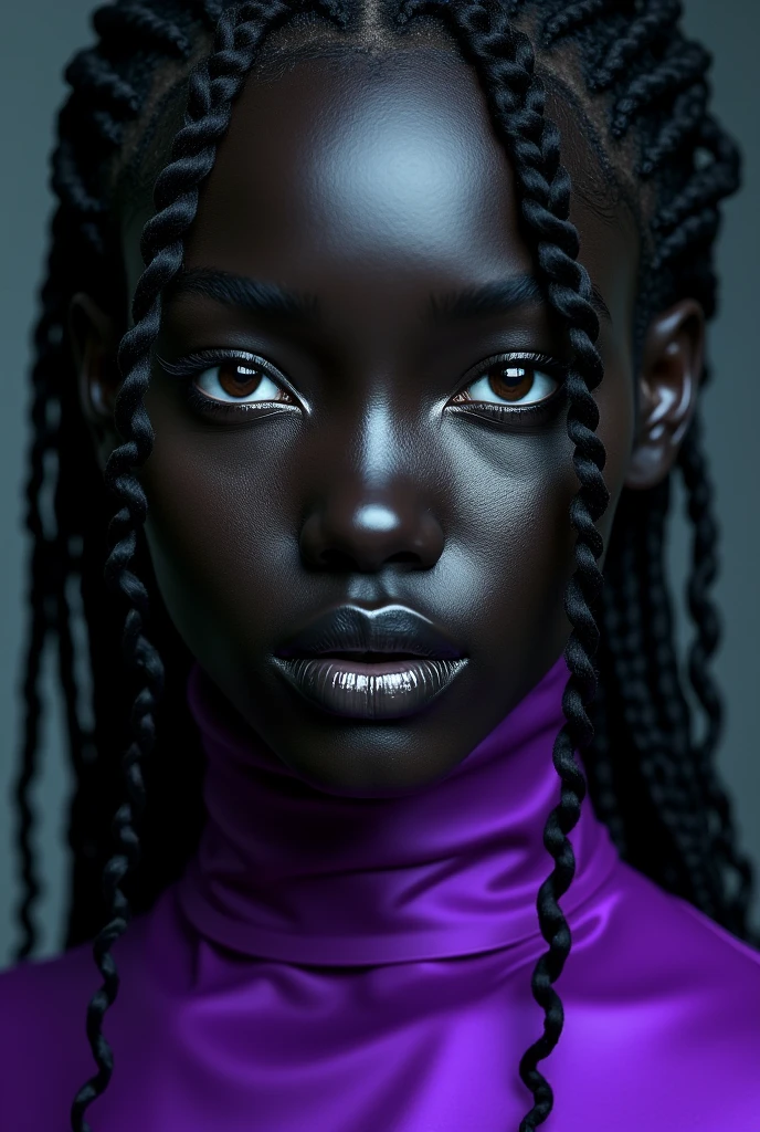 close-up of a woman, dark skin african, Fractalpunk, curly braided complex hair, portrait shot, studio lighting, beautiful android woman, pitchblack skin, She is wearing a purple shirt,