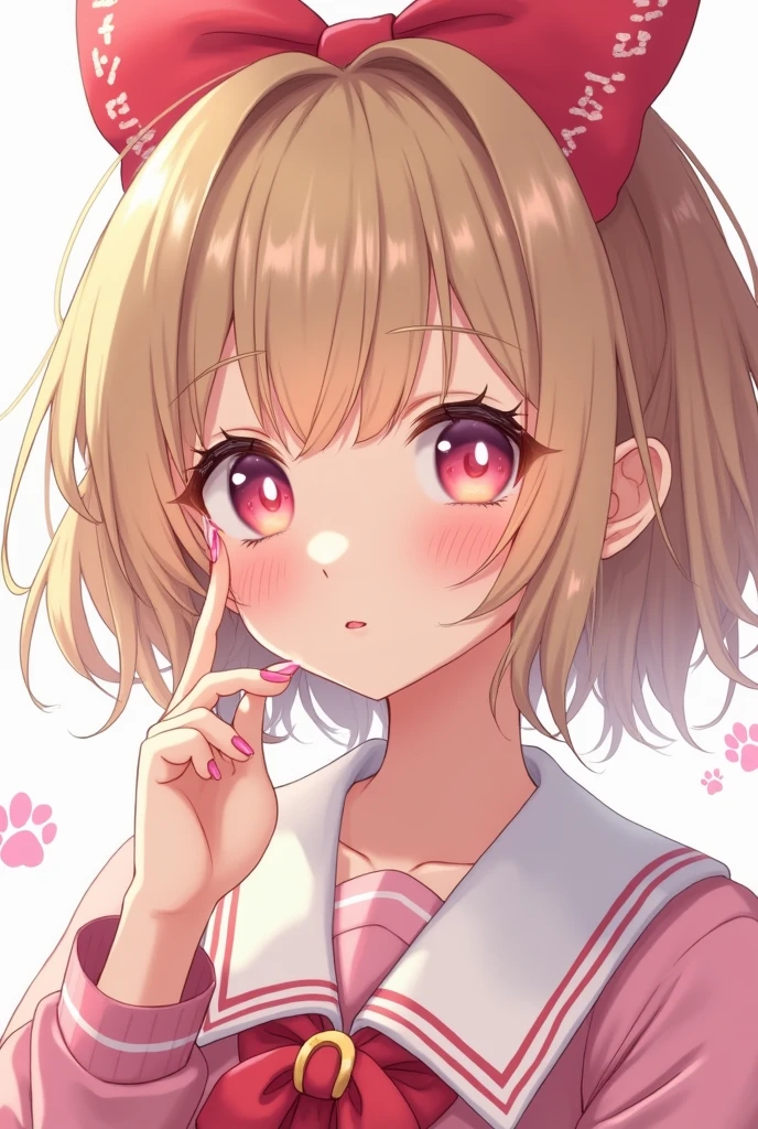 brunette girl, with short, messy blonde hair, pastel pink eyeshadow, light pink lipstick, big and tender eyes, white eye shadow, dressed in a pink and white Japanese school uniform and a red bow, with medium long nails, with long eyelashes and plump lips