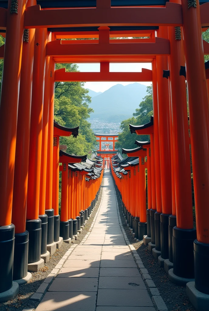 A realistic depiction of the sights of Fushimi Inari Taisha Shrine in Kyoto。Let&#39;s start with the magnificent torii gate at the entrance.、A long road lined with bright red torii gates、It winds its way up the forested mountainside.。The iconic Senbon Torii gates create a tunnel-like effect、Leading worshippers into the sacred grounds。Along the road、Mr.々Nakami々There is a small shrine dedicated to、Each one is decorated with offerings and fox statues.。The atmosphere is mysterious and tranquil.、The sound of leaves rustling in the wind and the sound of bells ringing from afar add to the sacred atmosphere.。When you reach the top of the road、Beyond the last torii gate、Kyoto cityscape and distant mountains々There is a panoramic view of。