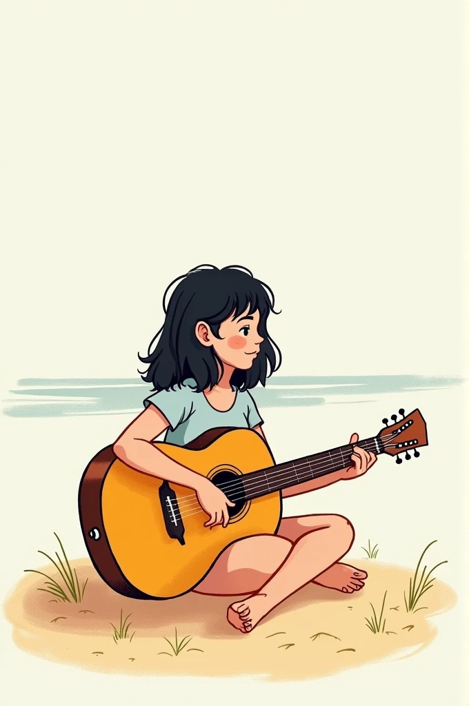 Make a simple tumbler style drawing of a girl with neck hair/shoulder with fringe, playing guitar sitting on the sand on the beach