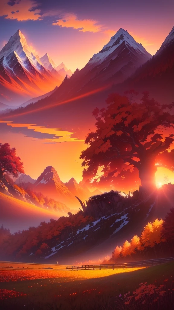 Anime Landscape with mountains and flowers in the foreground, Anime Landscape wallpaper, beautiful Anime Landscape, Anime Landscape, Anime Background art, Anime Landscape, Anime rural scenery, Anime Background, Detailed scenery —width 672, Anime Landscape concept art, Anime beautiful peaceful scene, Beautiful anime scene, Anime movie background, Anime Nature, Huge landscape!, 4k anime wallpaper,autumn,Autumn scenery,The whole changes to orange
