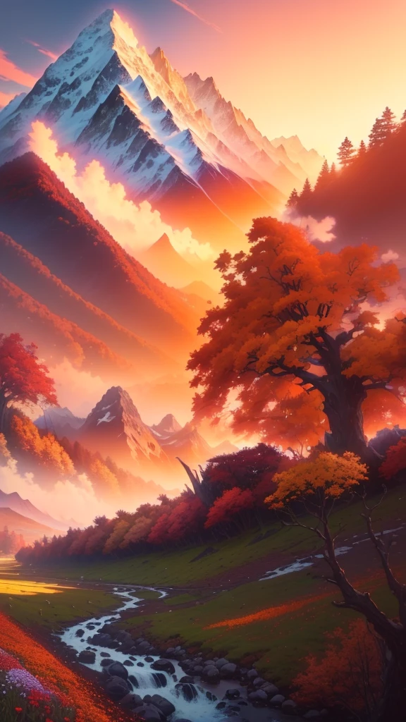 Anime Landscape with mountains and flowers in the foreground, Anime Landscape wallpaper, beautiful Anime Landscape, Anime Landscape, Anime Background art, Anime Landscape, Anime rural scenery, Anime Background, Detailed scenery —width 672, Anime Landscape concept art, Anime beautiful peaceful scene, Beautiful anime scene, Anime movie background, Anime Nature, Huge landscape!, 4k anime wallpaper,autumn,Autumn scenery,The whole changes to orange