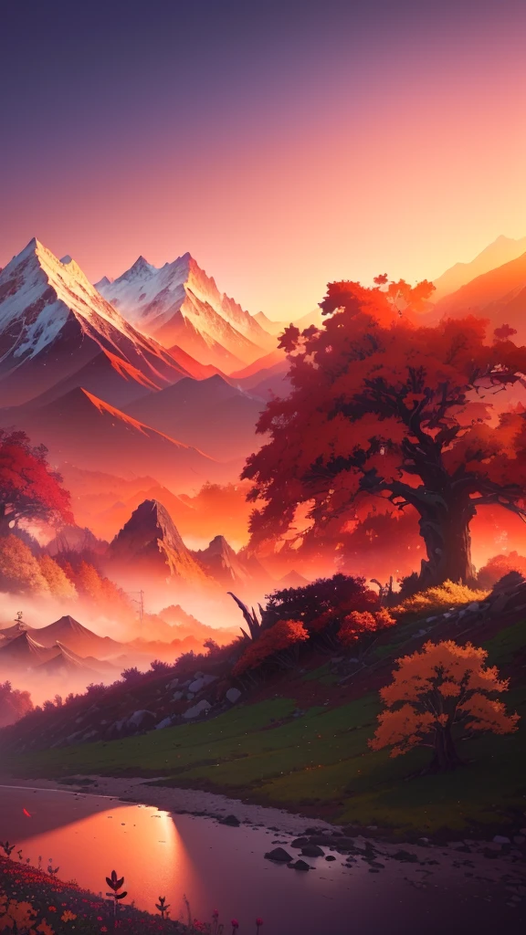 Anime Landscape with mountains and flowers in the foreground, Anime Landscape wallpaper, beautiful Anime Landscape, Anime Landscape, Anime Background art, Anime Landscape, Anime rural scenery, Anime Background, Detailed scenery —width 672, Anime Landscape concept art, Anime beautiful peaceful scene, Beautiful anime scene, Anime movie background, Anime Nature, Huge landscape!, 4k anime wallpaper，autumn，Autumn scenery，The whole changes to orange