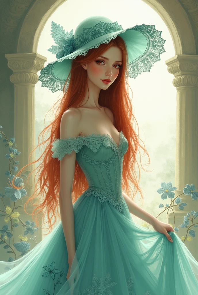 fantasy drawing, sketch, romantic, cold colors,
young thin, young woman in turquoise princess dress and lace hat in the sun Features Redhead, red pupils, White skin, Long straight hair, abundant, fine rostrum, delicate body.