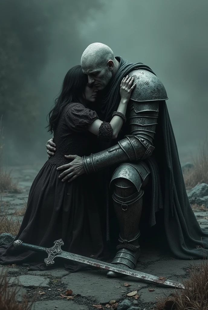 Dark Souls knight sitting dying with a woman hugging him from behind in consolation 