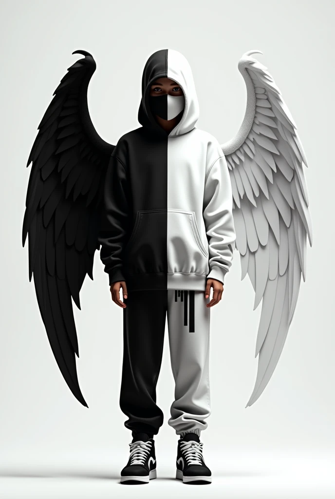 A boy is wearing a sweatshirt that is half white and the other half black., and he wears a mask that is half white and the other half black, Pants and shoes half white and the other half black and wings half is white and the other is black