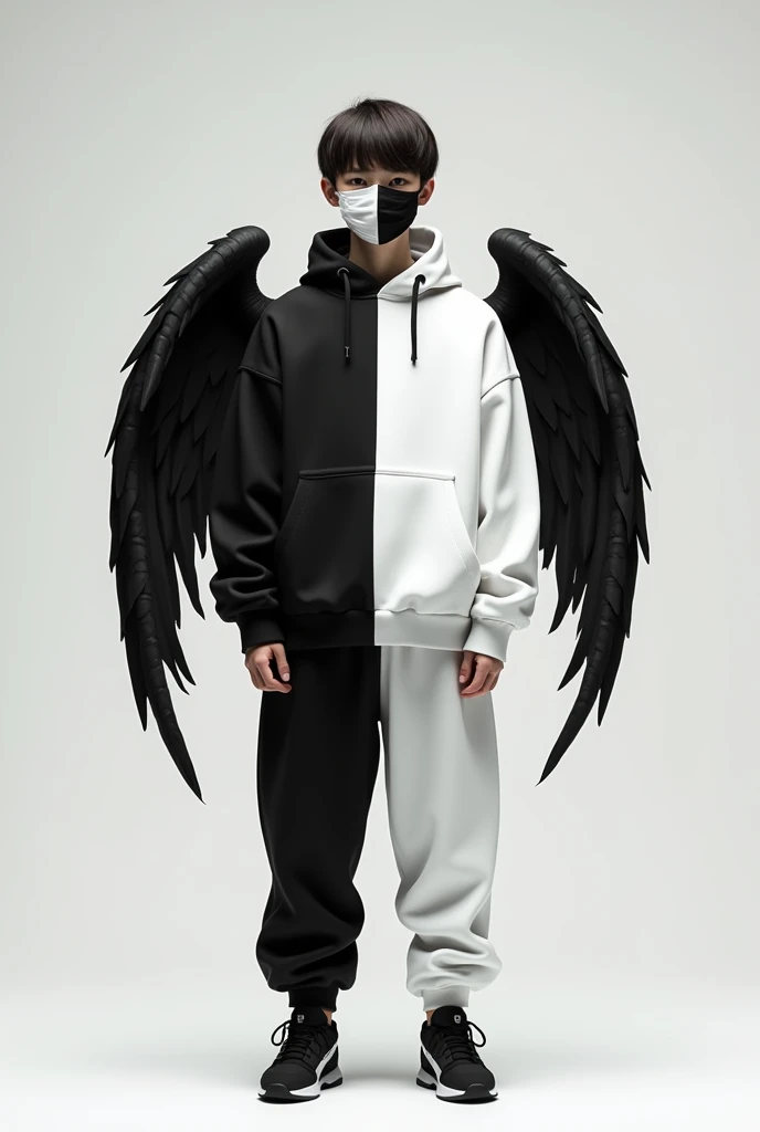 A boy is wearing a sweatshirt that is half white and the other half black., and he wears a mask that is half white and the other half black, Pants and shoes half white and the other half black and wings half is white and the other is black
 