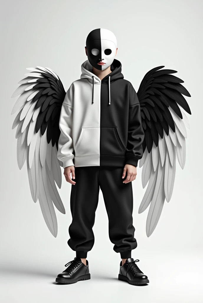 A boy is wearing a sweatshirt that is half white and the other half black., and he wears a mask that is half white and the other half black, Pants and shoes half white and the other half black and wings half is white and the other is black
 