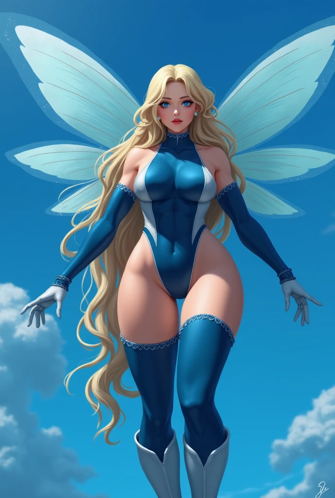(masterpiece, best quality), best resolution, (4arms:1.2), fairy, elf ears, blue eyes, golden hair, very long legs, white leotard, white elbow gloves, white tight boots, fairy wings, big breasts, muscular body, full body.