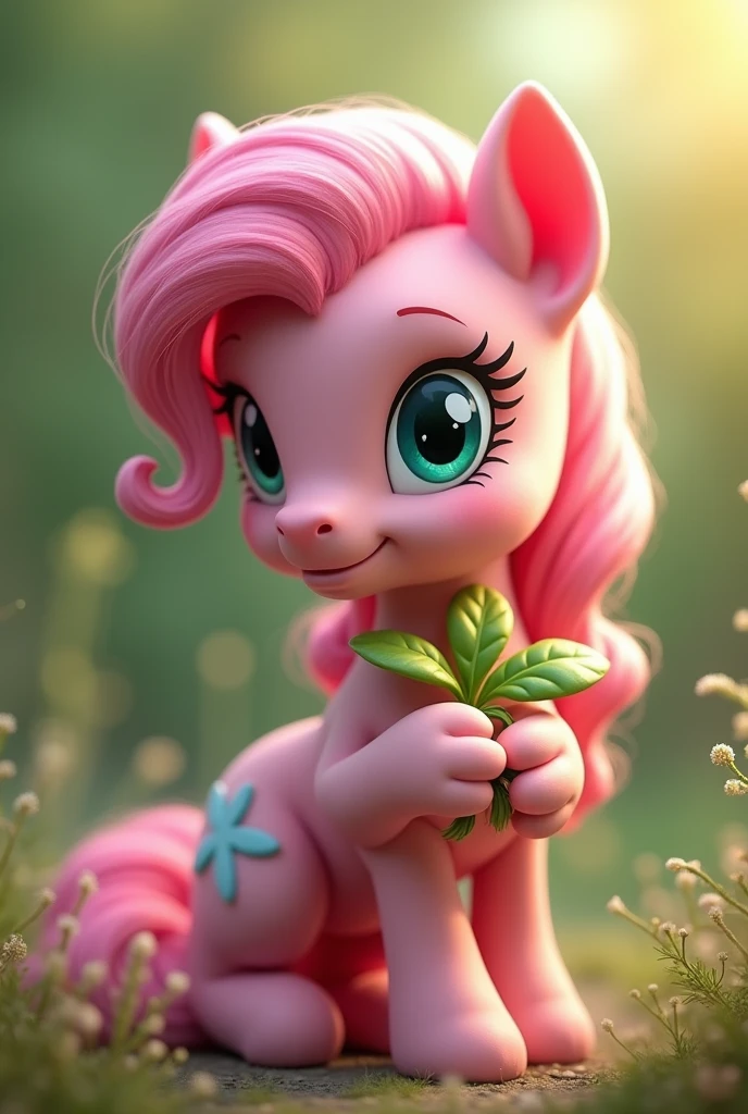 (photorealism:1.2), A photo of a pink my little pony character holding ginger plant