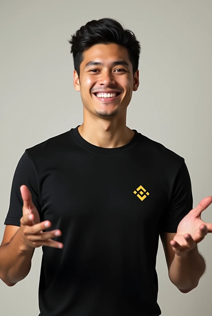 A 22 year age one boy. Black hair. He wear binance black t-shirt. He indicate left side by hands. His smile on face. His look premium & ai generate image