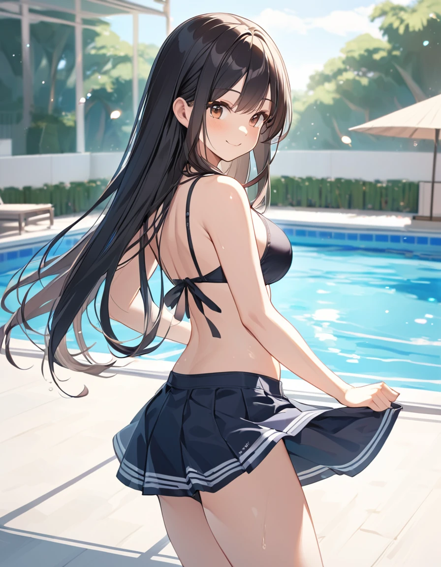 Girl, cute, adorable, smiling, straight hair, long hair, black hair, brown eyes, full breasts, standing, Swayback stance, looking at the camera, From the front, from thighs to head, pool, daylight,Skirt-style-bikini