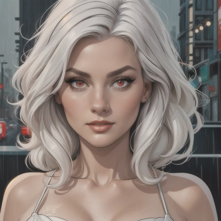 masterpiece, best quality, extremely detailed, cinematic lightning, intricate detail, highres, official art, finely detailed beautiful face and eyes, high resolution illustration, 8k, depth of field, bokeh, solo, 1girl, a girl with white hair and red eyes, long white hair, beautiful red eyes, beautiful landscape, rainy city, upper body, looking at viewer, close up
