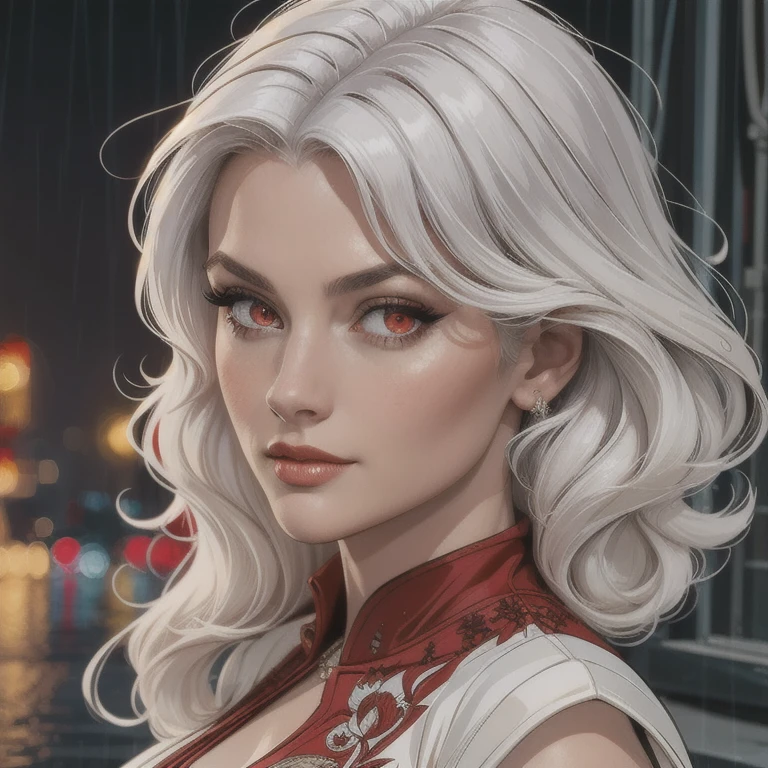 masterpiece, best quality, extremely detailed, cinematic lightning, intricate detail, highres, official art, finely detailed beautiful face and eyes, high resolution illustration, 8k, depth of field, bokeh, solo, 1girl, a girl with white hair and red eyes, long white hair, beautiful red eyes, beautiful landscape, rainy city, upper body, looking at viewer, close up