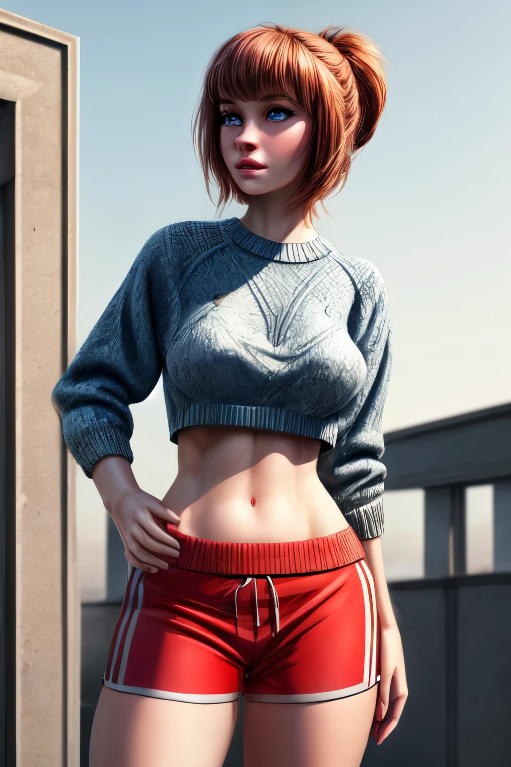((best qualityer)), ((work of art)), (detailded), 1 girl, ombro to ombro sweater, russet hair, Sport Shorts, Croptop/underboob, Overview, 8k, rosto detailded, standing